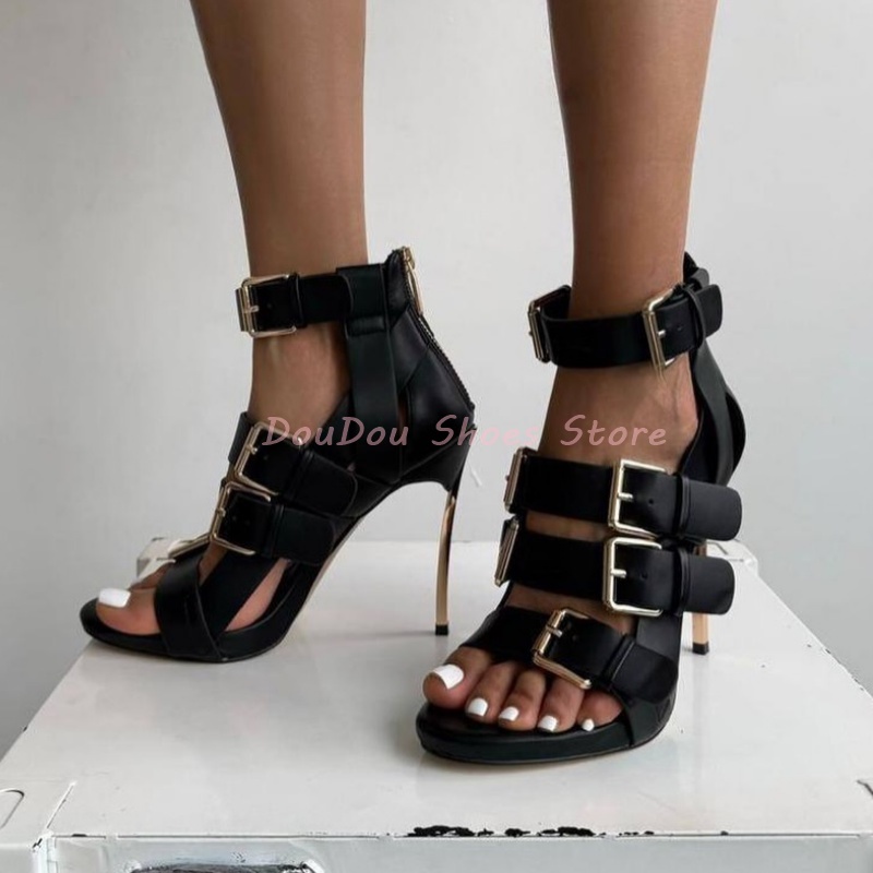 Women'S Shoes Trendy - Black Belt Buckle Open Toe Metal