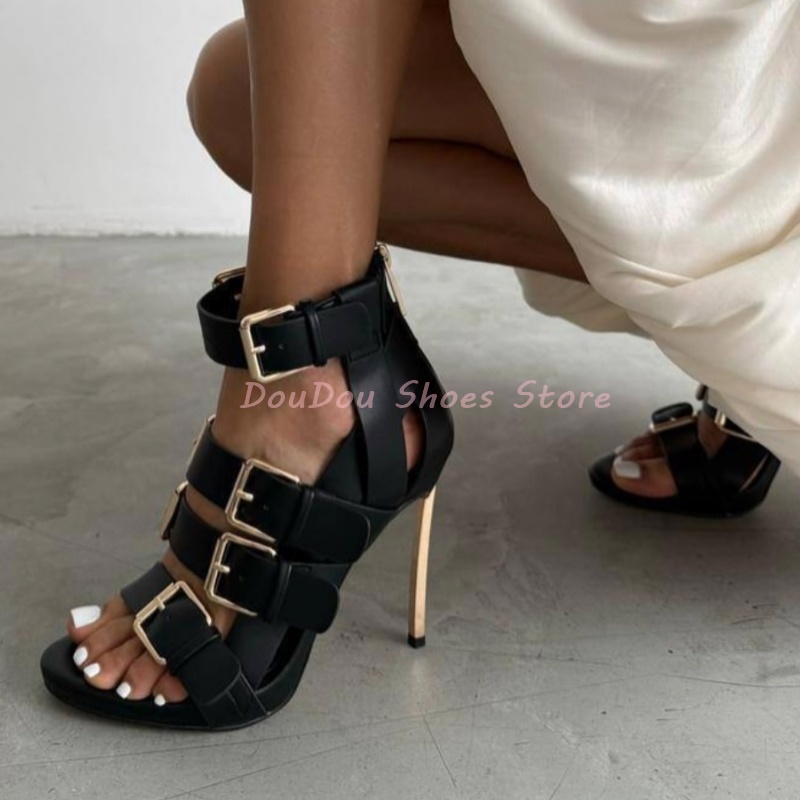 Black Belt Buckle Open Toe Met - Women'S Shoes Trendy ulasan dan harga